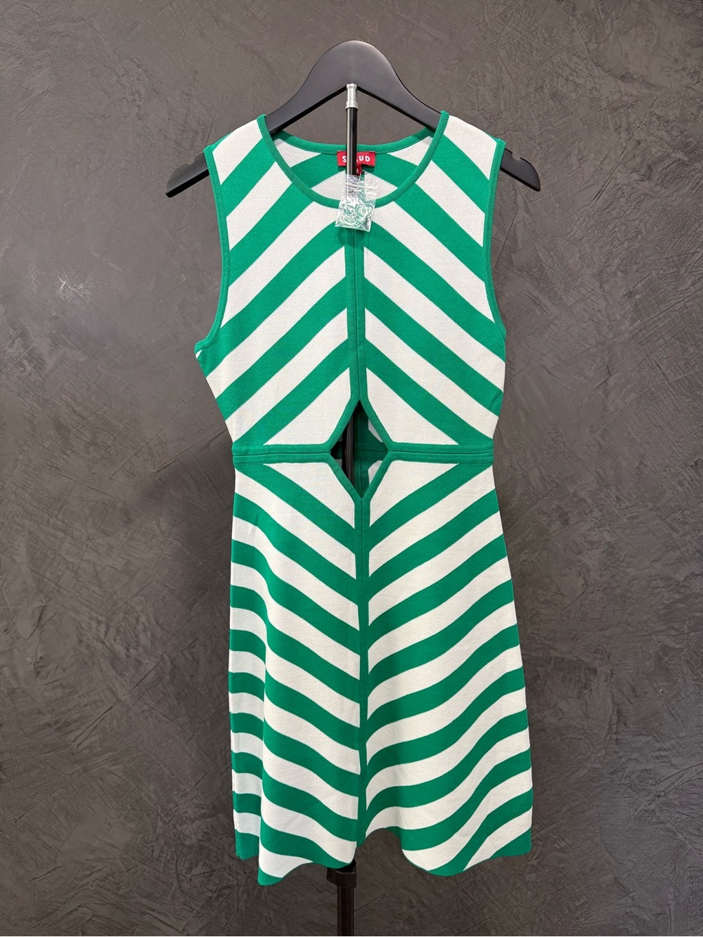 NWT STAUD Green and White Striped Sleeveless Mini Dress